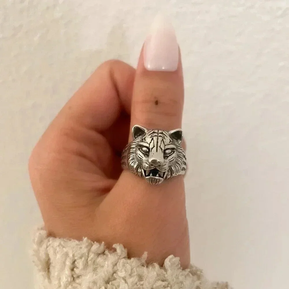 925 Sterling Silver Tiger Ring Unisex Cool Chunky Ring Bold Thick Ring